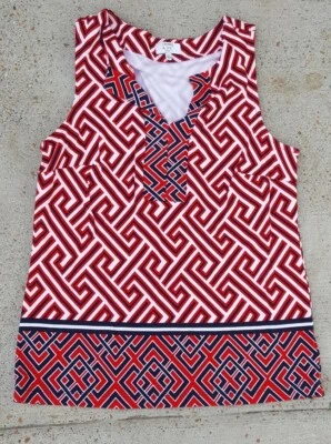 Crown & Ivy Womens Red Black White V-Neck Popover Top Geometric Print Petite PS - Image 1 of 4