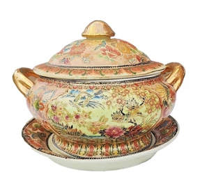 VTG China Export Gilt Chinoiserie Bird  Oval Ceramic Lidded Tureen W/Underplate - Picture 1 of 23