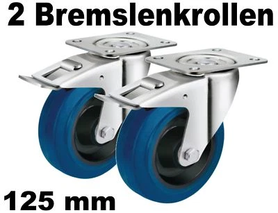 2 Transportrollen 125mm mit Elastik Reifen in blau Rollen-lager Platte drehbar - Bild 1 von 3