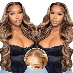 4/27 Honey Blonde lace front Wigs Human Hair Colored Body Wave Lace Frontal wigs - Picture 1 of 16