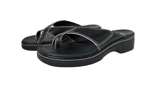Womens Clarks Soft Sole Leather Black W/White Stitching Sandals. Size 10M