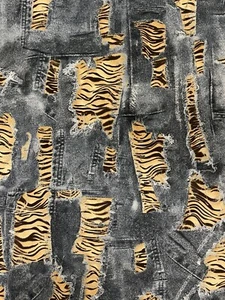 Funky Denim and Zebra Print Ripped Look Cotton Fabric Decor Crafts Quilt 2.25 yd - Picture 1 of 6
