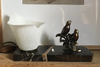 Lampe de table/ Socle marbre/ Oiseaux en  métal/ H 16 cm L 24cm largeur 8cm - Photo 1/4