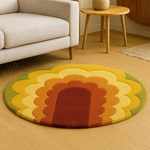 Round Retro Hand Tufted Wool Rug in Yellow Orange and Red Shades Modern Scallop - Picture 1 of 6