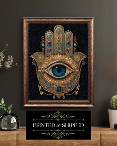 Gold Turquoise Hamsa Evil Eye Wall Art Print Bohemian Protection Decor - Picture 1 of 5
