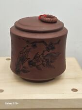 RARE!!! Fine Yixing Zisha Clay Pottery Tea Jar With Lid with Koi Fish Motif 
