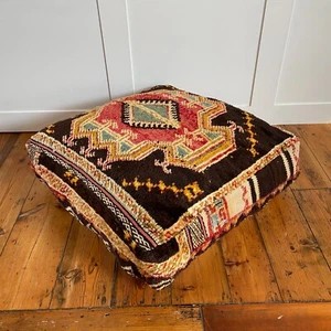 Vintage Kilim Floor Cushion Pouf Footstool Carpet Moroccan Handwoven Stuffed - Picture 1 of 21