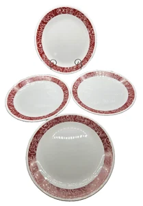 Corelle by Corning 10 1/4” Bandhani Dinner Plates Set of 4 White Red Band Rim - Picture 1 of 6