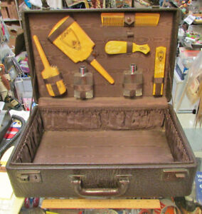 vintage 1930s Cowhide Travel Luggage Suitcase Vanity Kit w mirror, brushes, more