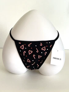 Holiday Zuckerstange Herzen schwarz G-String Höschen Größe Large neu mit Etikett Forever 21 neu mit Etikett - Bild 1 von 5