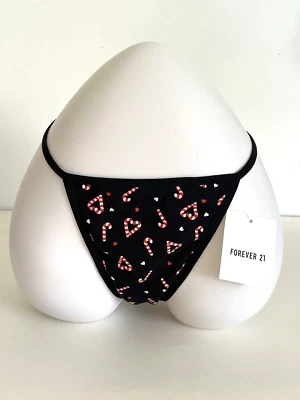 Holiday Candy Cane Hearts Black G- String Panties Size Large NWT  Forever 21 NWT - Image 1 of 4