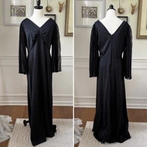 Vintage 70s Black Accordion Pleat Chiffon Bell Sleeve Long Dress Gown L XL - Picture 1 of 8