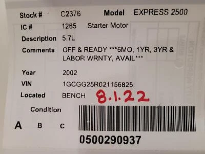 Used Starter Motor fits: 2002 Chevrolet Express 2500 van 5.7 Grade A - Image 1 of 4