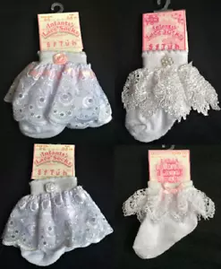 Frilly Baby Girl White & Pink Lace socks Wedding Christening NB - 12 m - Picture 1 of 5