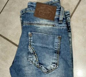JUST CAVALLI MED WASH CRYSTAL EMBELLISHED STRAIGHT LEG STRETCH JEANS Sz 29x33 - Picture 1 of 12