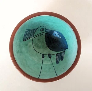 Vintage pottery bowl peacock bird signed terra cotta blue Portugal 4.75" x 2.5" - Picture 1 of 9