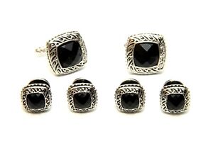 Antique Egyptian Etched Beaded Black Onyx Tuxedo Studs and Cufflinks Set