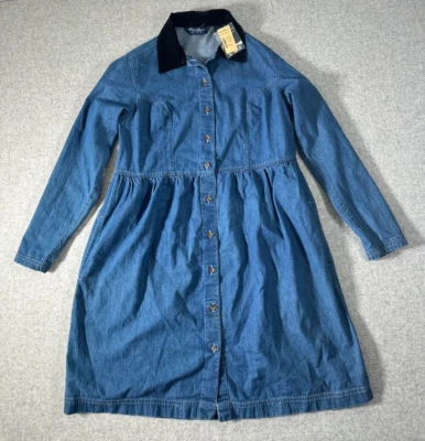Vintage Eddie Bauer Denim Dress Velvet Collar XS Button Down Pleated Blue NEW - Image 1 of 4
