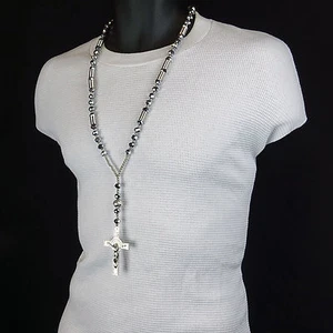 Men Hip Hop 8mm SILVER & GRAY Crystal Glass Cut Rosary Jesus Cross COIL Necklace - Picture 1 of 1