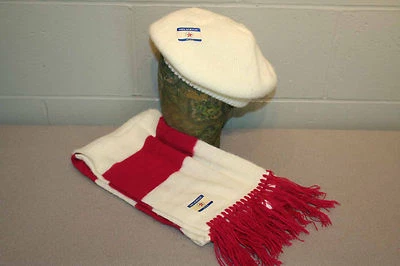 NOS VTG 70s 2pc SET CAP SCARF CREAM PINK STRIPE BERET STOCKING HAT ARTEX KNIT - Image 1 of 4