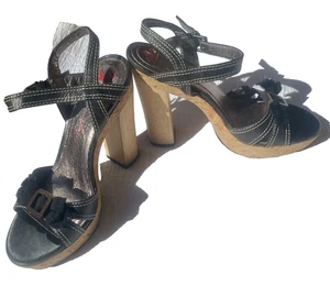 Sean L Faryl Robin Leather Strappy Heels Women’s Size 6 1/2 M Rockstar Cork Wood - Picture 1 of 12