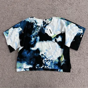 DKNY Linen Blend Cropped Short Sleeve Shirt Abstract Peacock Womens XS - Picture 1 of 14