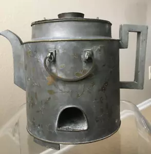 SIGNED 19thc QING CHINESE PEWTER BRONZE FOOTED INCISED CARRYING TEA KETTLE BIRDS - Picture 1 of 24