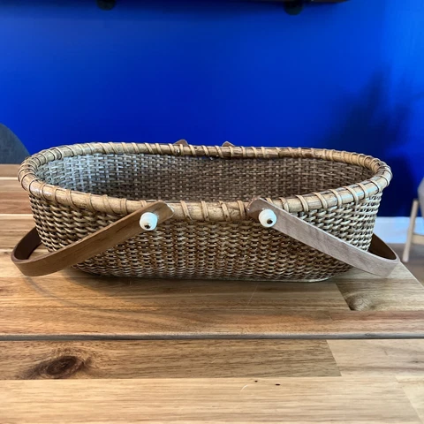 Hand Made Woven Wood Basket, Oval Shape, Wood Handle and Bottom, Excellent Cond Cover