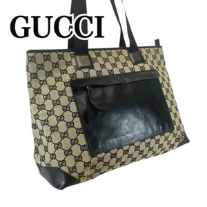 GUCCI GG Tote Bag Shoulder Bag Canvas Leather Beige Black USED Auth #S1740 - Picture 1 of 18