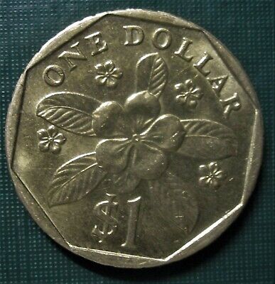 SINGAPORE 1990 One Dollar  Flower Dollar Coin LOW SHIP • 4.34€