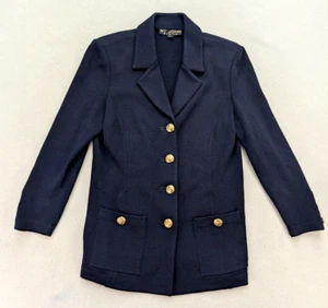 St. John Basics Santana Knit Blazer Jacket Navy Blue Gold Button Pocket Size 6 - Picture 1 of 17