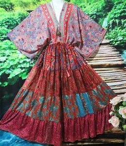BOHO 100% SILK KIMONO SLEEVE PATCHWORK RUFFLED LONG DRESS REG 14 - 20 - Picture 1 of 6