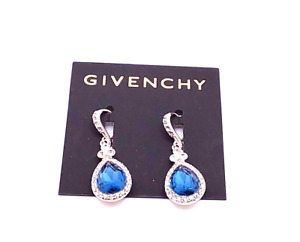 Givenchy Luxury Designer Silver Tone Swarovski Blue Crystal Dangle Drop Earrings