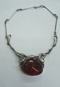 Vintage Large Floral Sterling Silver & Amber Necklace - Picture 1 of 8