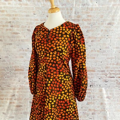 Womens 1970s Floral Print Dress Brown Orange Size Small - Image 1 of 4