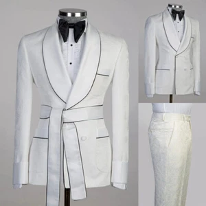 White Men's Jacquard Suits Wedding Formal Wear 2 Pieces Double Breasted Buttons - Picture 1 of 8