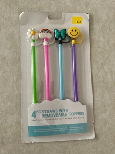 4-Count Reusable Straws With Removable Toppers - Happy Theme - NEW - Picture 1 of 6