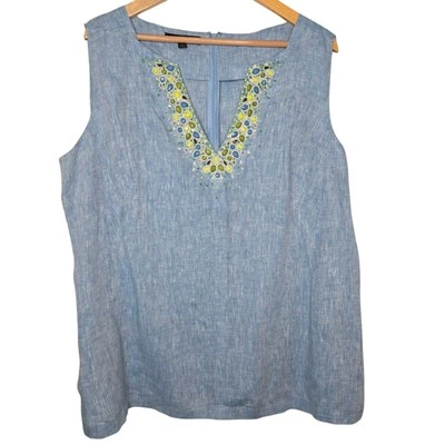 Lafayette 148 New York Blue Linen Sleeveless V Neck Beaded Tunic Top Size 14 - Image 1 of 4