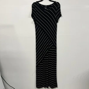 Chicos Travelers Maxi Dress Size 1 Black Tan Stripe Slinky Short Sleeve Medium - Picture 1 of 14