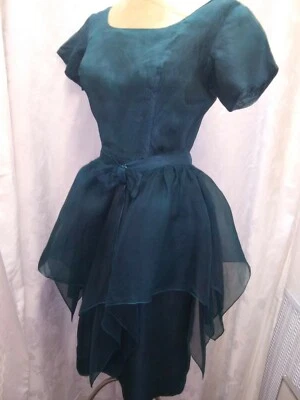Vintage 1950's Dark Green Rayon Chiffon Cocktail Dress Size Small As Is - Image 1 of 4