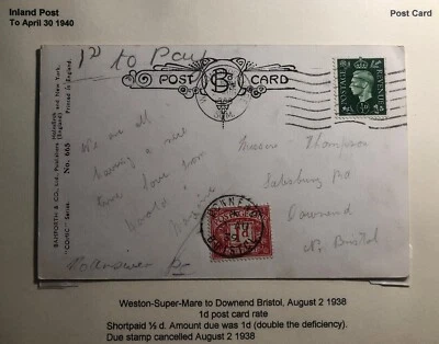 1938 Weston England Postage Due Picture Postcard Cover To Bristol I Cant Reach - Image 1 of 3