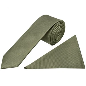 Conjunto de pañuelo de corbata y cuadrado de bolsillo ajustado de sarga de seda oliva para hombre - Imagen 1 de 4