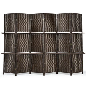 6 Panel Folding Room Divider 6Ft Weave Fiber Screen W/ 2 Display Shelves Brown - Picture 1 of 11