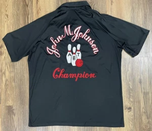 Vintage 60s Bowling Shirt Polyester Rockys ABT Champion "John Johnson" Black L - Picture 1 of 11