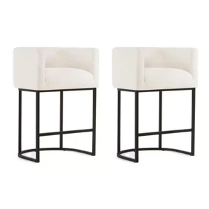 New 26" Beige Black Low Back Bar Stool Set of 2 Metal Frame Linen Upholstered - Picture 1 of 11