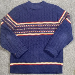 Lord Jeff Pullover Herren mittelblau rot hellbraun Zopfmuster Fair Isle USA Vintage - Bild 1 von 10