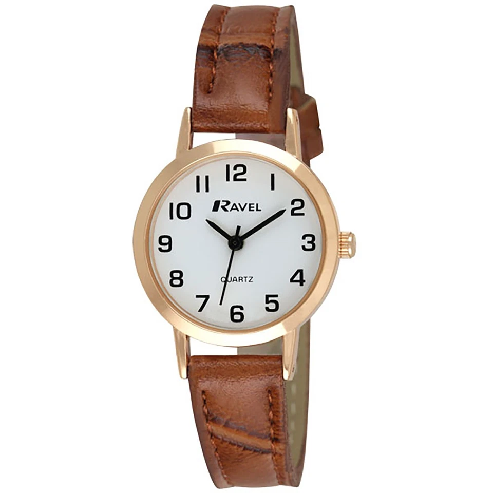 Ladies Easy Read Watch with Faux Brown Leather Strap By Ravel R0102.14.2 - Image 1 of 1