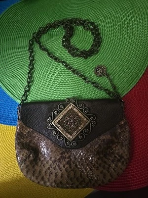 Сумочка через плечо Leatherock коричневая кожа украшенная драгоценными камнями сумка с цепочкой как новая - Изображение 1 из 4