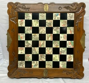 Asian Chinese Chess Tile Inlays Hand Carved Figurines Folding Box Vintage - Picture 1 of 12