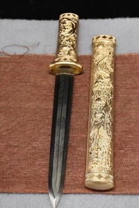 Damascus Folded Steel Clay tempered Blade Dragon phoenix Jian Sword Knife Sharp - Picture 1 of 10